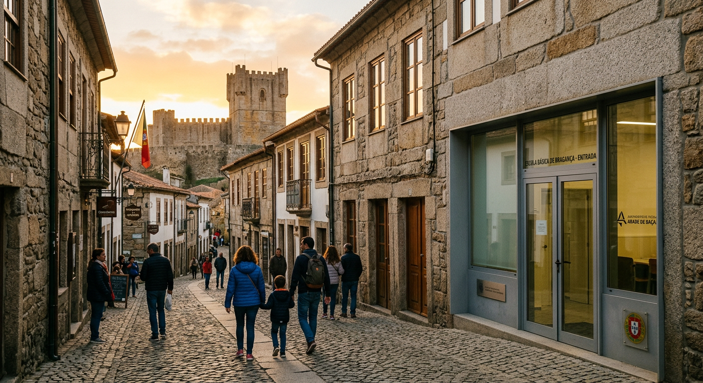 Rua de Bragança ao fim da tarde com a entrada do centro Lancaster College